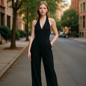 NWT  Zara Black Viscose Jacquard Halter Vest Jumpsuit  V-neckline Bloggers Fave